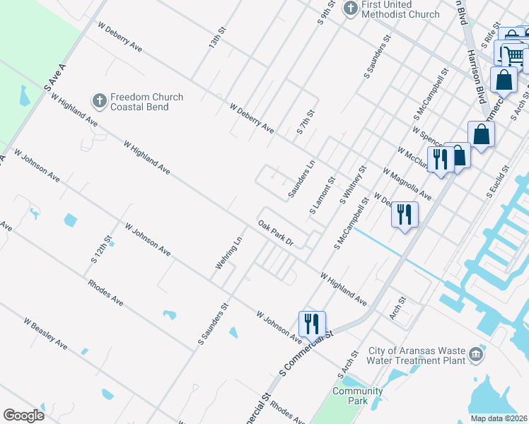 map of restaurants, bars, coffee shops, grocery stores, and more near 1328 Oak Park Drive in Aransas Pass
