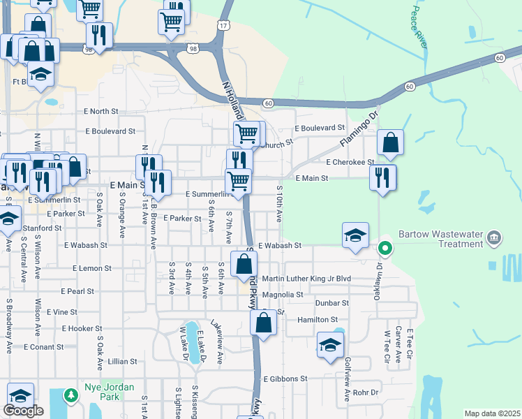 map of restaurants, bars, coffee shops, grocery stores, and more near 1490 East Gay Street in Bartow