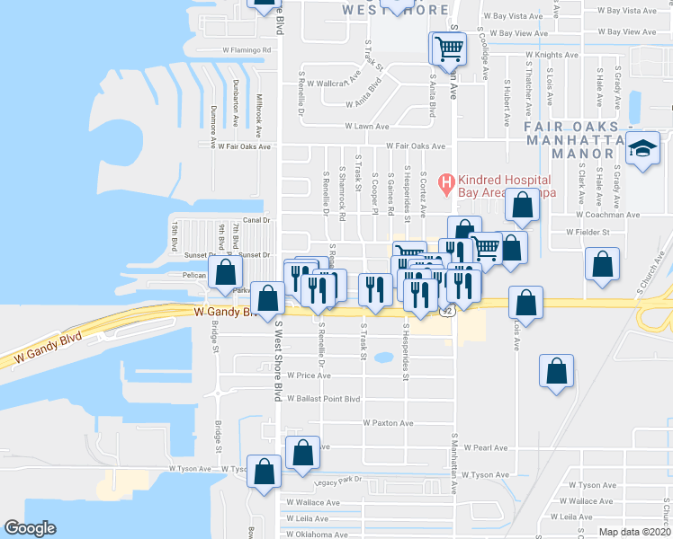map of restaurants, bars, coffee shops, grocery stores, and more near 4612 West Clifford Street in Tampa