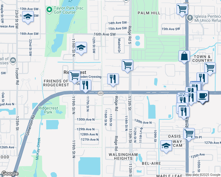 map of restaurants, bars, coffee shops, grocery stores, and more near 11407 Ulmerton Road in Largo