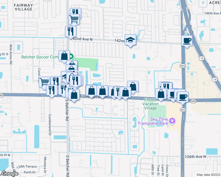 map of restaurants, bars, coffee shops, grocery stores, and more near 7349 Ulmerton Road in Largo