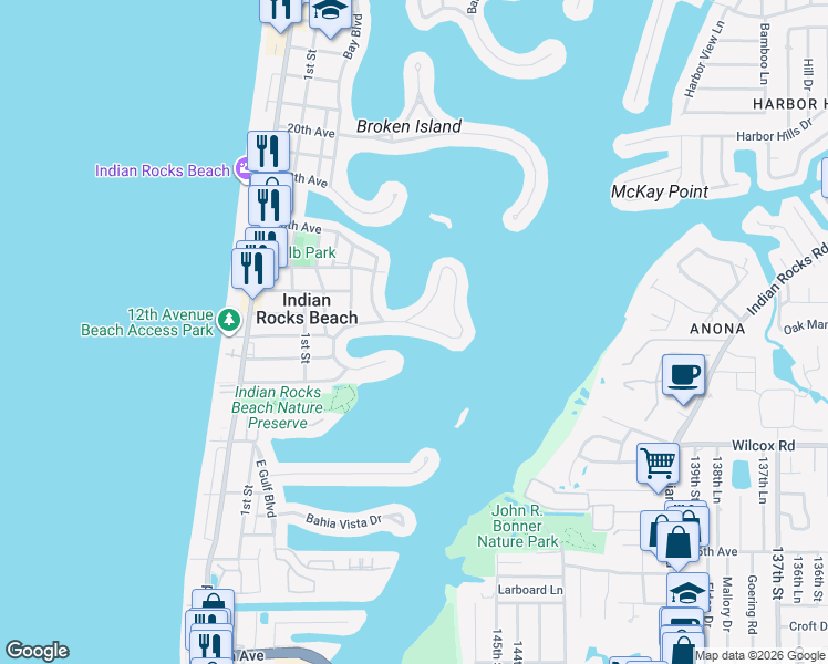 map of restaurants, bars, coffee shops, grocery stores, and more near 336 12th Avenue South in Indian Rocks Beach