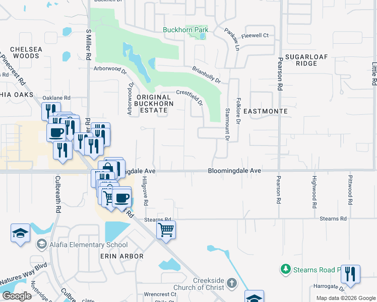 map of restaurants, bars, coffee shops, grocery stores, and more near 3302 South Saint Cloud Avenue in Valrico