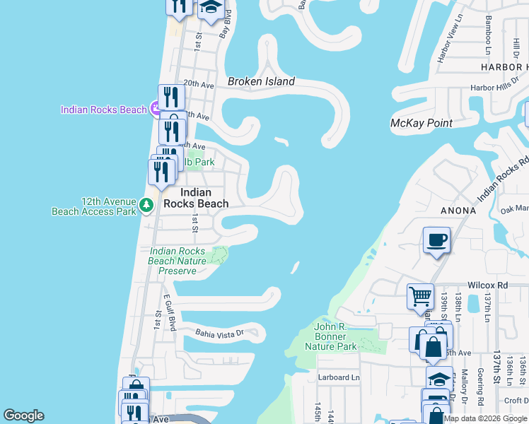 map of restaurants, bars, coffee shops, grocery stores, and more near 333 12th Avenue in Indian Rocks Beach