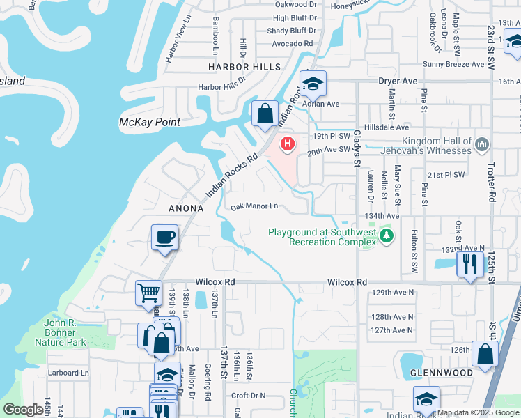 map of restaurants, bars, coffee shops, grocery stores, and more near 3600 Oak Manor Lane in Largo