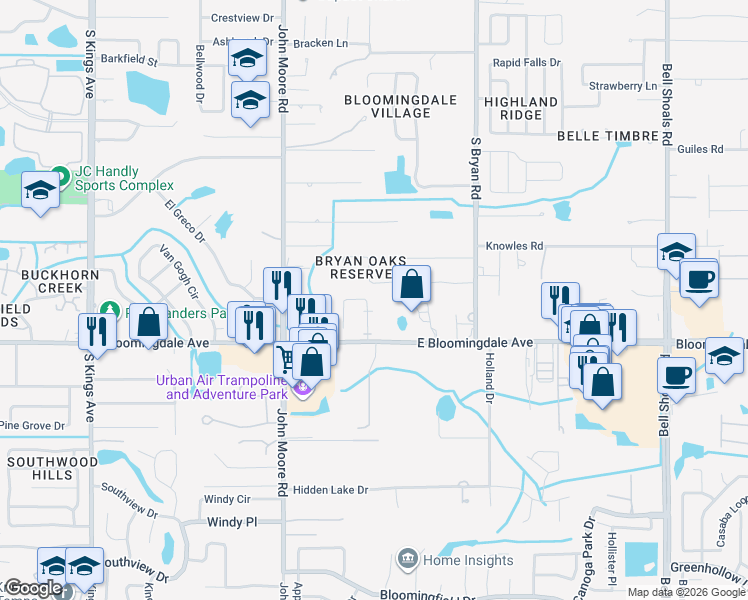 map of restaurants, bars, coffee shops, grocery stores, and more near 3217 Bloomingdale Villas Court in Brandon