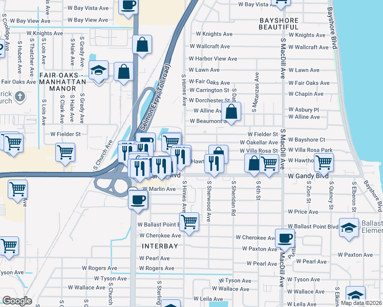 map of restaurants, bars, coffee shops, grocery stores, and more near 3414 West Villa Rosa Street in Tampa