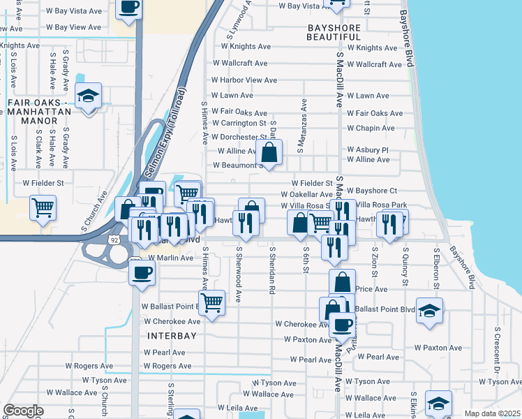 map of restaurants, bars, coffee shops, grocery stores, and more near 3220 West Villa Rosa Street in Tampa