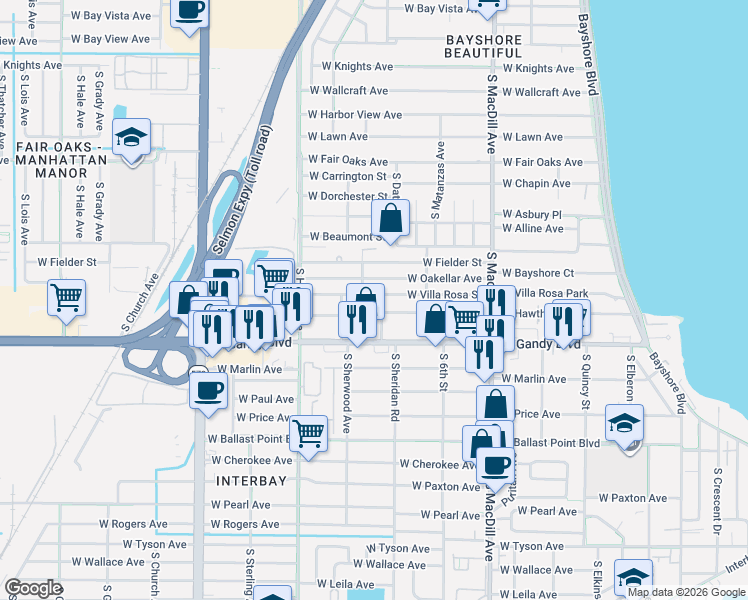 map of restaurants, bars, coffee shops, grocery stores, and more near 3220 West Villa Rosa Street in Tampa