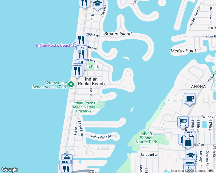 map of restaurants, bars, coffee shops, grocery stores, and more near 321 12th Avenue in Indian Rocks Beach
