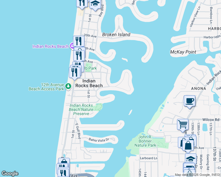 map of restaurants, bars, coffee shops, grocery stores, and more near 321 12th Avenue in Indian Rocks Beach