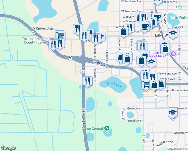 map of restaurants, bars, coffee shops, grocery stores, and more near 414 South Miami Street in Lake Wales