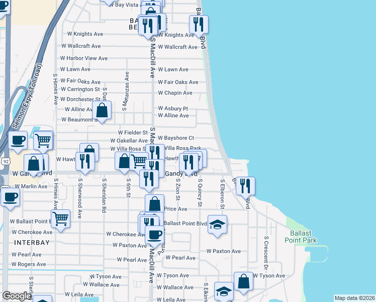map of restaurants, bars, coffee shops, grocery stores, and more near 2920 West Villa Rosa Park in Tampa