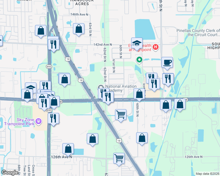 map of restaurants, bars, coffee shops, grocery stores, and more near 13600 61st Way North in Clearwater