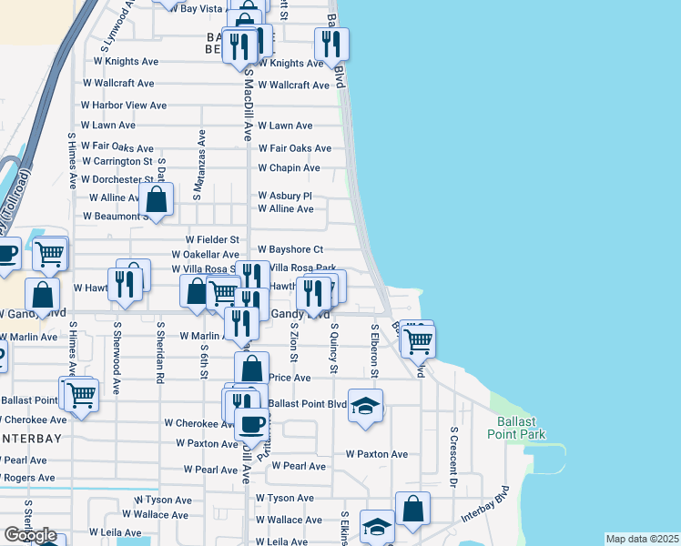map of restaurants, bars, coffee shops, grocery stores, and more near 2908 West Villa Rosa Park in Tampa
