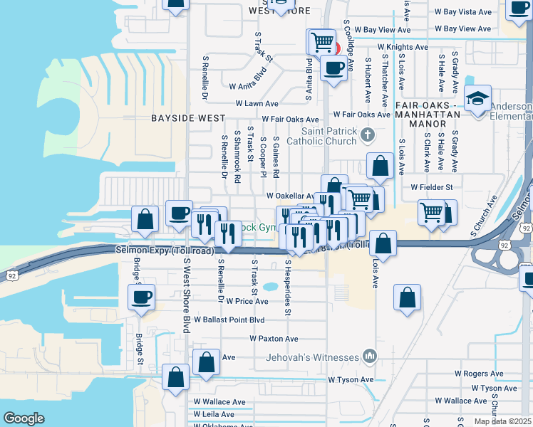 map of restaurants, bars, coffee shops, grocery stores, and more near 4714 South Trask Street in Tampa
