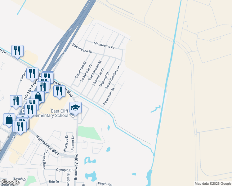 map of restaurants, bars, coffee shops, grocery stores, and more near 1035 Pasadena Street in Portland