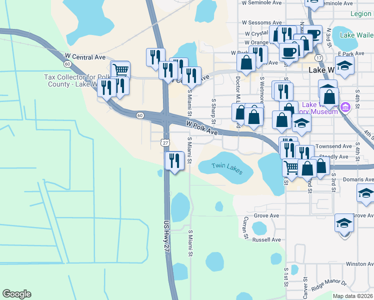 map of restaurants, bars, coffee shops, grocery stores, and more near 414 South Miami Street in Lake Wales