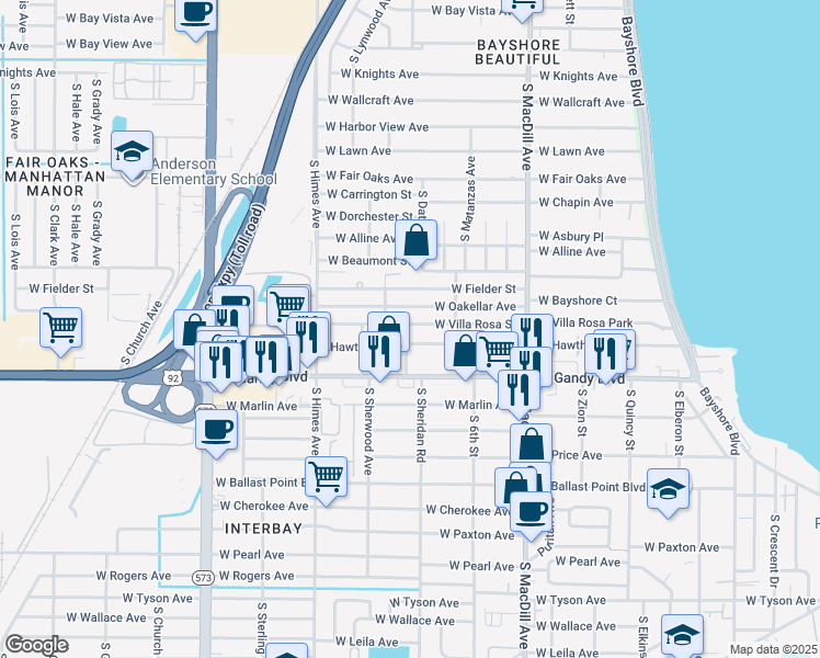 map of restaurants, bars, coffee shops, grocery stores, and more near 3220 West Villa Rosa Street in Tampa