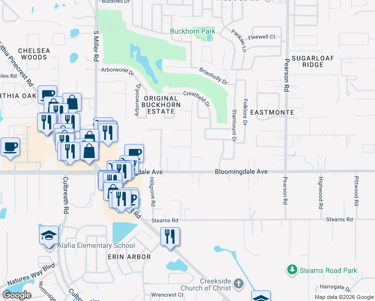 map of restaurants, bars, coffee shops, grocery stores, and more near 3302 South Saint Cloud Avenue in Valrico