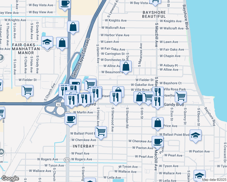 map of restaurants, bars, coffee shops, grocery stores, and more near 3316 West Villa Rosa Street in Tampa