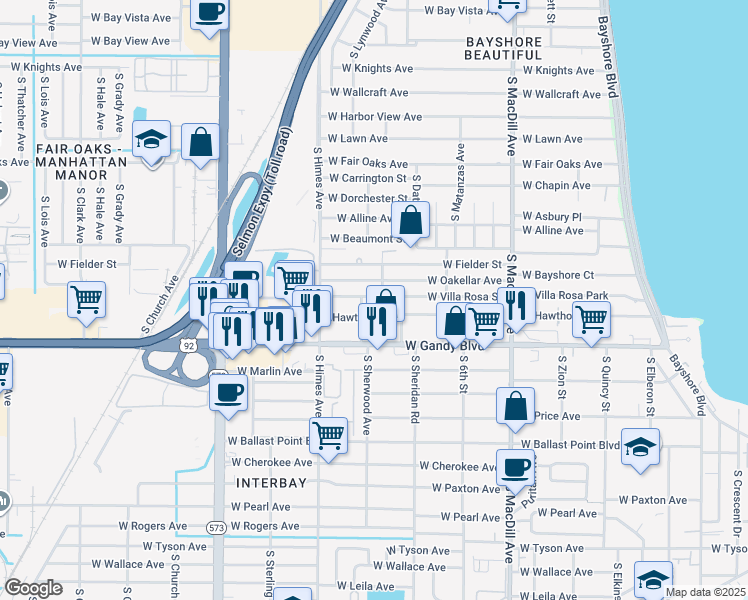 map of restaurants, bars, coffee shops, grocery stores, and more near 3316 West Villa Rosa Street in Tampa