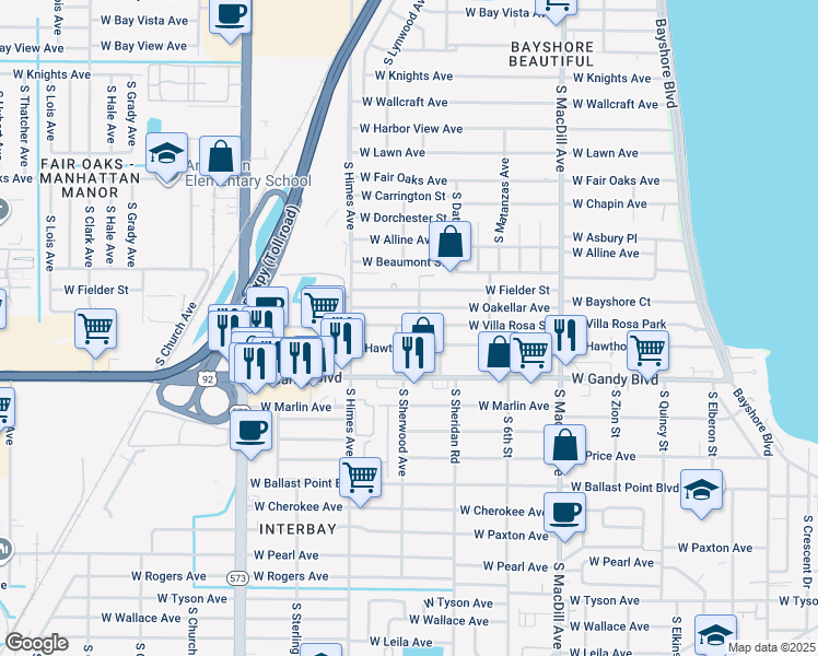 map of restaurants, bars, coffee shops, grocery stores, and more near 3316 West Villa Rosa Street in Tampa