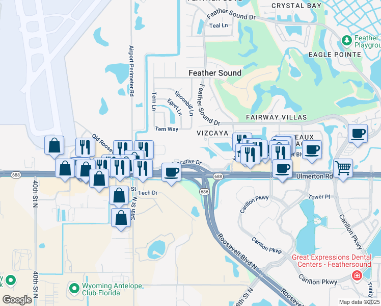 map of restaurants, bars, coffee shops, grocery stores, and more near 3089 Executive Drive in Clearwater