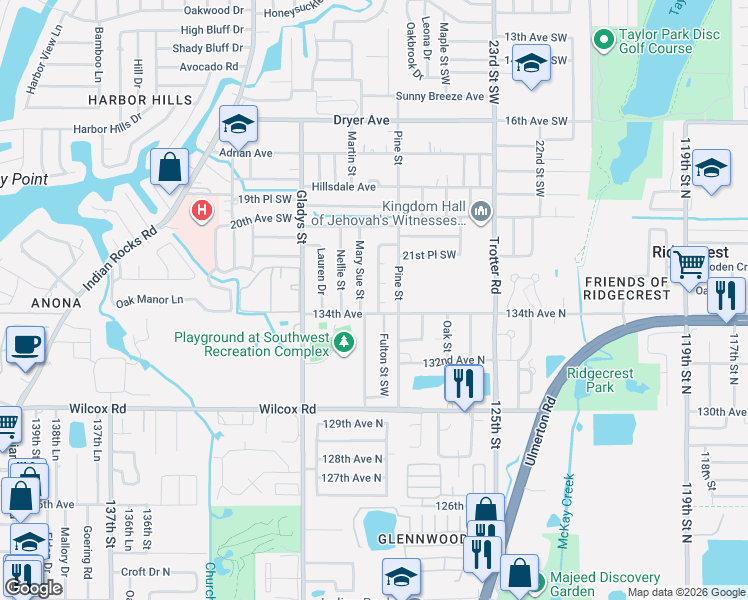 map of restaurants, bars, coffee shops, grocery stores, and more near 2311 Fulton Way Southwest in Largo
