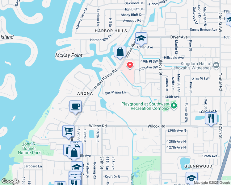 map of restaurants, bars, coffee shops, grocery stores, and more near 7 Oak Manor Lane in Largo
