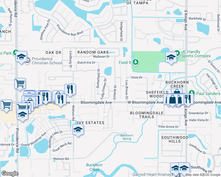 map of restaurants, bars, coffee shops, grocery stores, and more near 5812 Lilac Lake Drive in Riverview