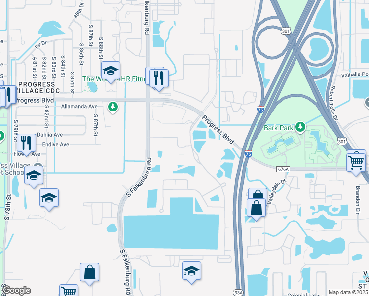 map of restaurants, bars, coffee shops, grocery stores, and more near 9104 Canopy Oak Lane in Riverview