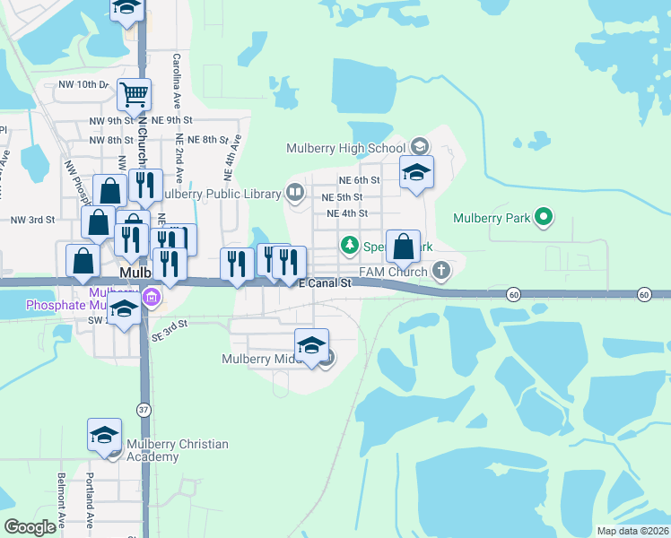 map of restaurants, bars, coffee shops, grocery stores, and more near 108 Northeast 10th Avenue in Mulberry