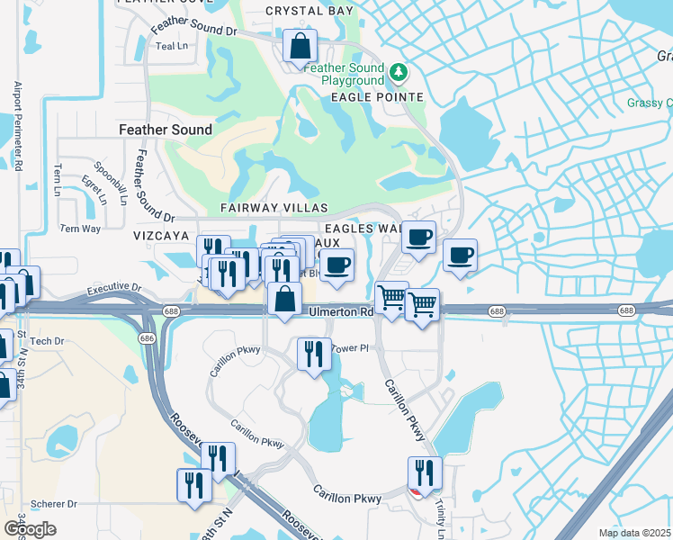 map of restaurants, bars, coffee shops, grocery stores, and more near 2282 Heron Circle in Clearwater