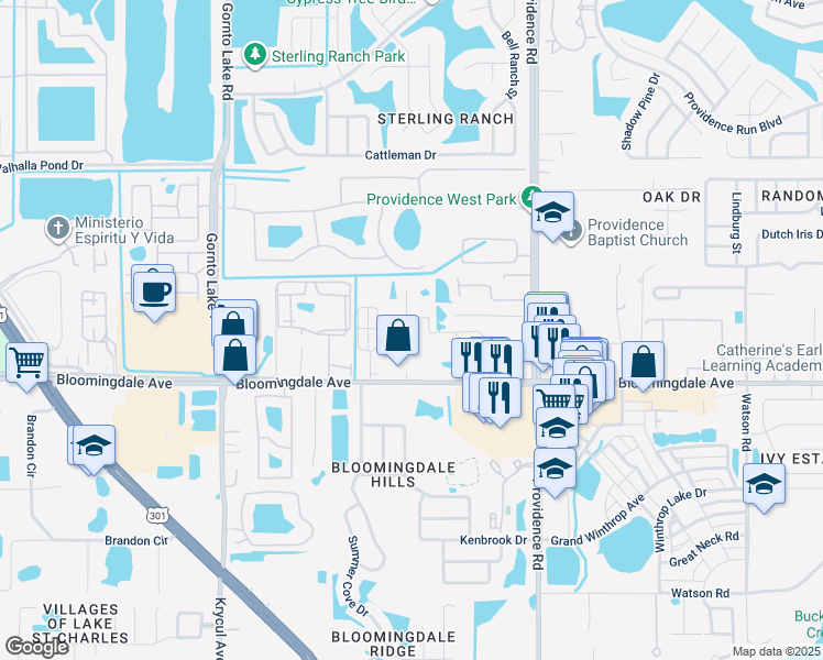map of restaurants, bars, coffee shops, grocery stores, and more near 5918 Old Twig Lane in Riverview