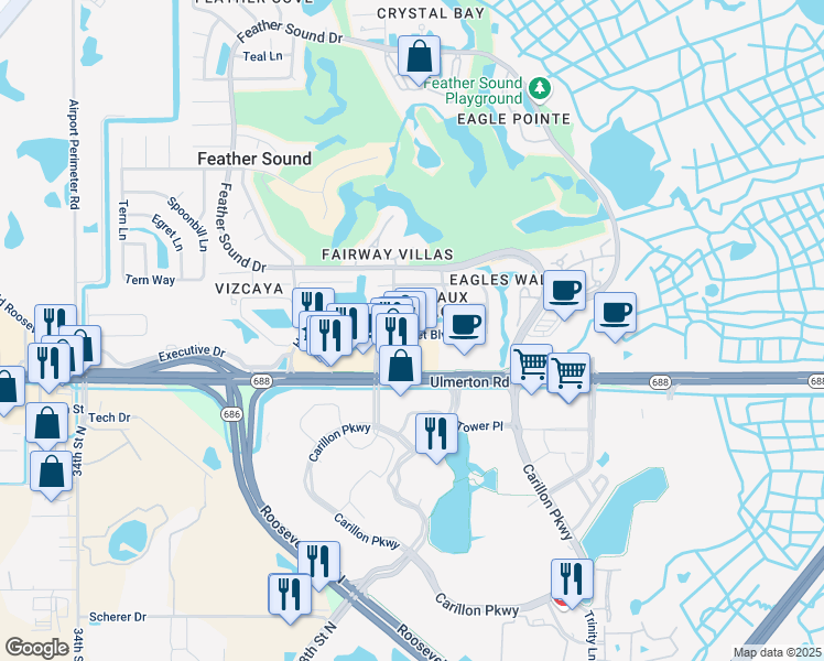 map of restaurants, bars, coffee shops, grocery stores, and more near 2453 Egret Boulevard in Clearwater