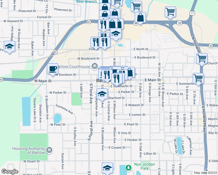 map of restaurants, bars, coffee shops, grocery stores, and more near 125 South Central Avenue in Bartow