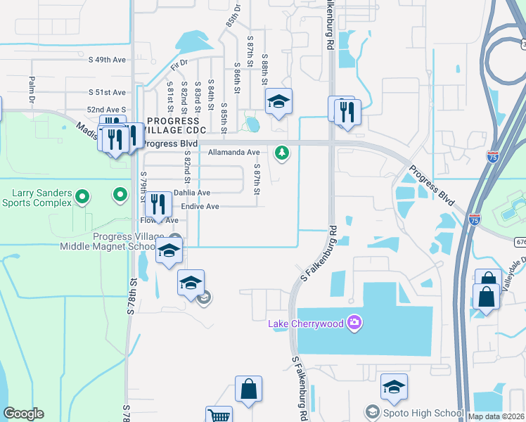 map of restaurants, bars, coffee shops, grocery stores, and more near 8703 Endive Avenue in Tampa