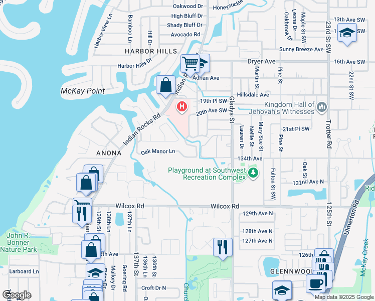 map of restaurants, bars, coffee shops, grocery stores, and more near 3500 Oak Manor Lane in Largo