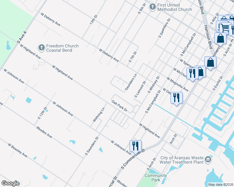 map of restaurants, bars, coffee shops, grocery stores, and more near 1328 Oak Park Drive in Aransas Pass