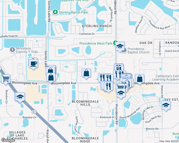 map of restaurants, bars, coffee shops, grocery stores, and more near 5918 Old Twig Lane in Riverview