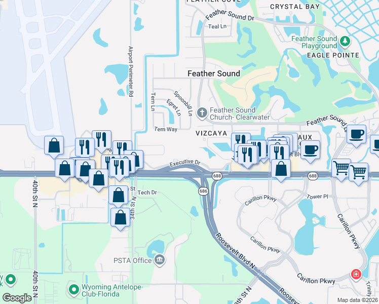 map of restaurants, bars, coffee shops, grocery stores, and more near 3089 Executive Drive in Clearwater