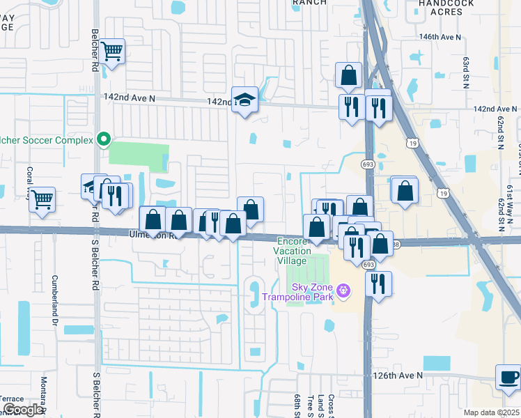 map of restaurants, bars, coffee shops, grocery stores, and more near 32 Glades Circle in Largo