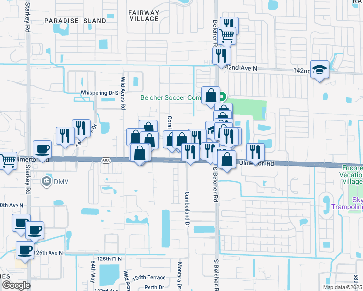 map of restaurants, bars, coffee shops, grocery stores, and more near 3698 135th Avenue North in Largo