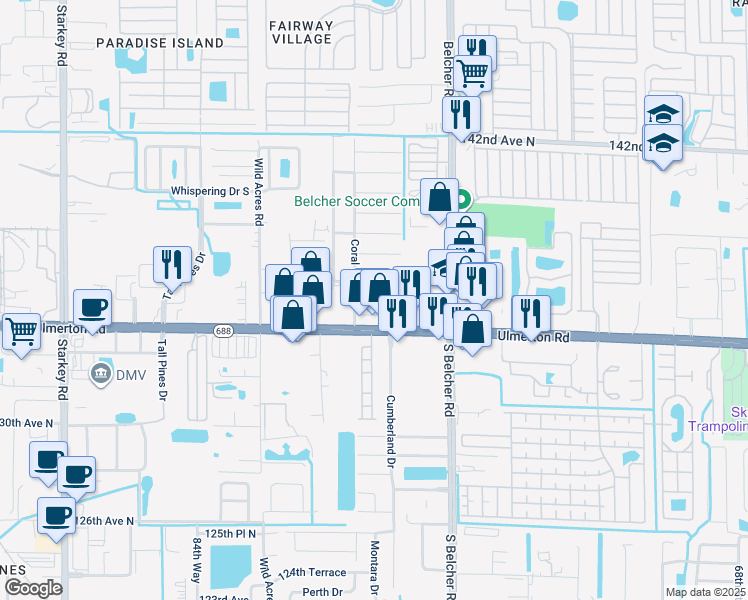 map of restaurants, bars, coffee shops, grocery stores, and more near 3698 135th Avenue North in Largo