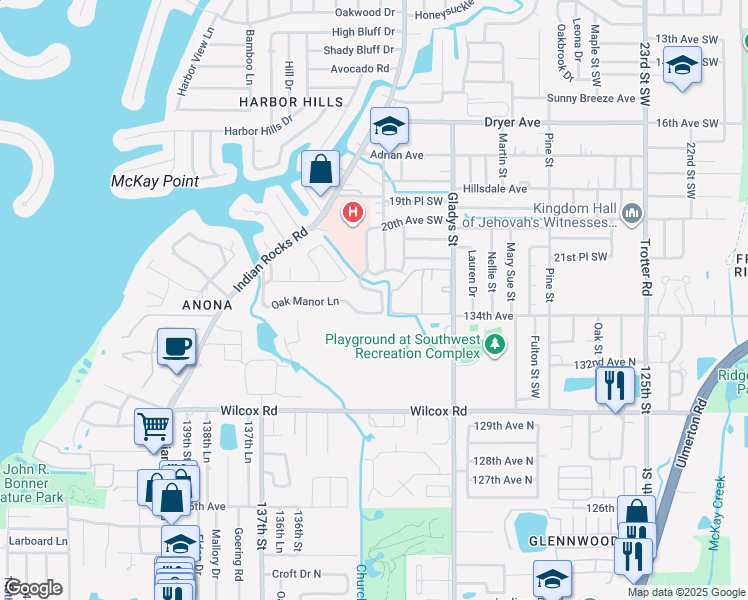 map of restaurants, bars, coffee shops, grocery stores, and more near 3500 Oak Manor Lane in Largo