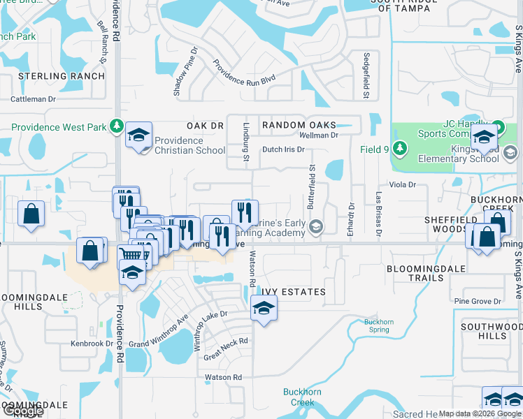 map of restaurants, bars, coffee shops, grocery stores, and more near 5906 Watson Road in Riverview