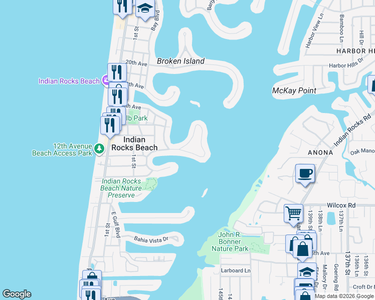 map of restaurants, bars, coffee shops, grocery stores, and more near 336 12th Avenue South in Indian Rocks Beach