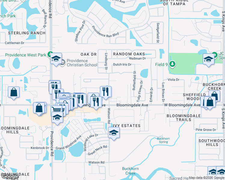map of restaurants, bars, coffee shops, grocery stores, and more near 5906 Watson Road in Riverview