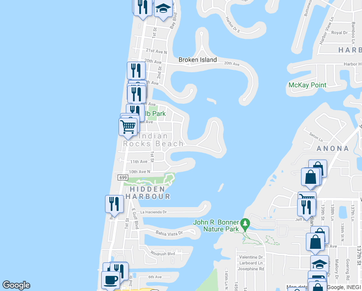 map of restaurants, bars, coffee shops, grocery stores, and more near 310 12th Avenue in Indian Rocks Beach